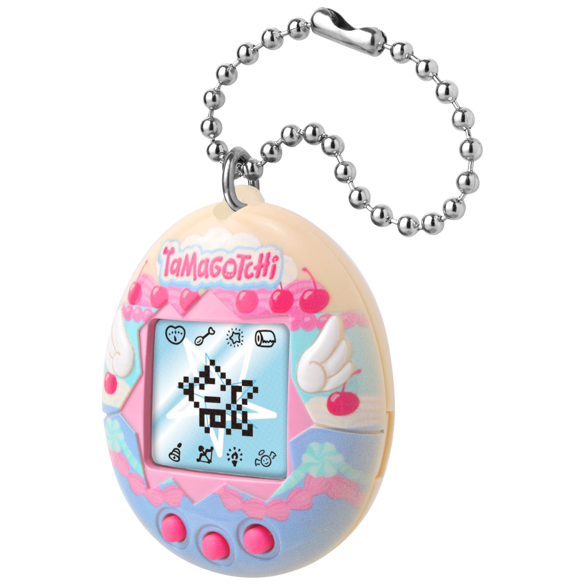 Tamagotchi Original Angel Cake wings 3D enhance on-device charm during adventures.