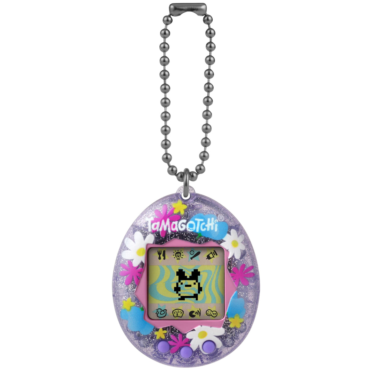 Tamagotchi Original lavender-glitter-shell with flowers, a colorful collectible companion.