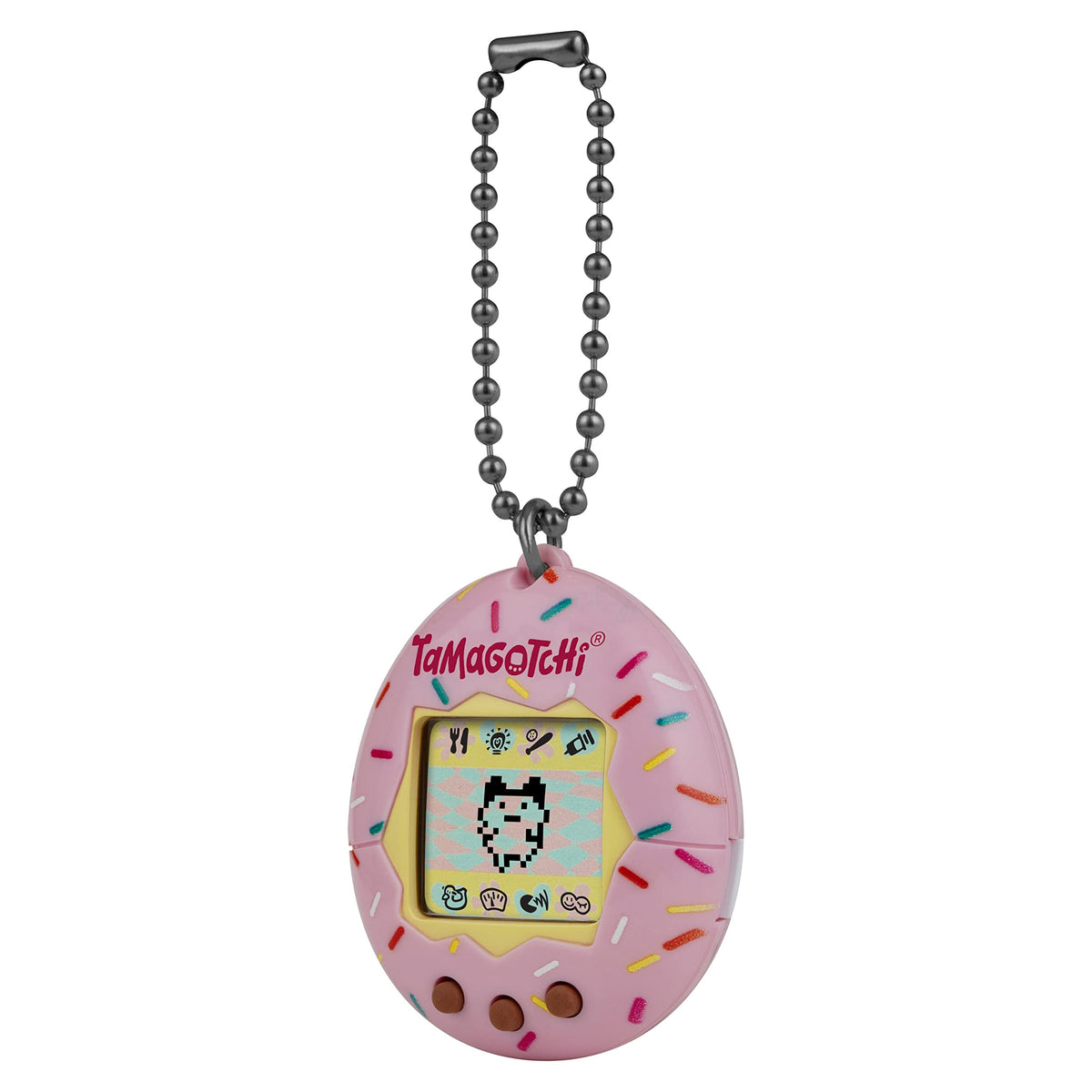 Tamagotchi Original on a bag chain shows easy travel portability.