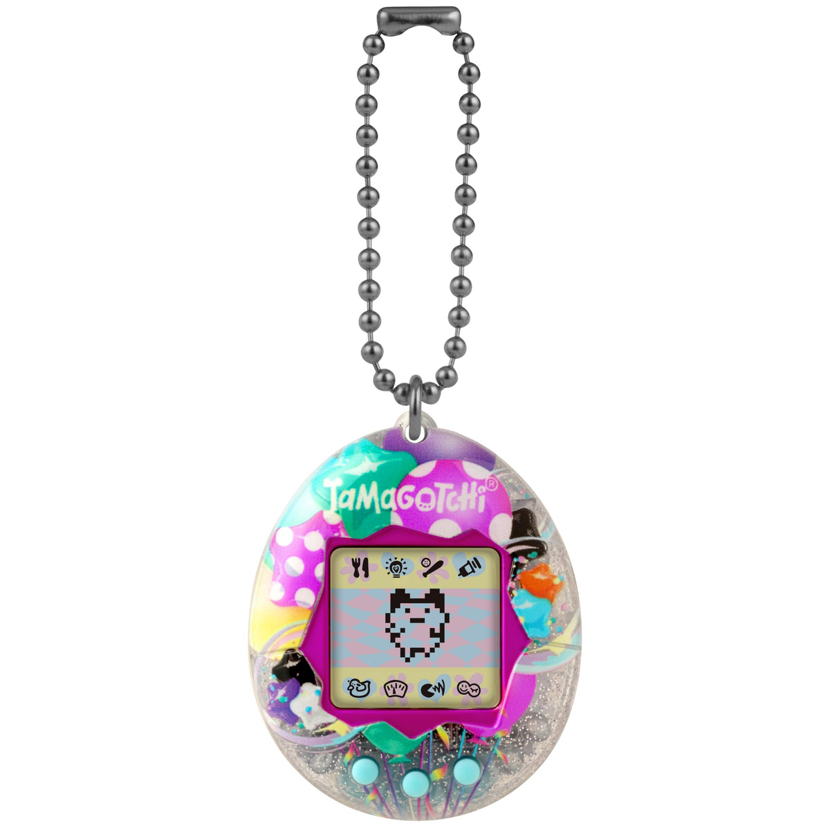 Tamagotchi Pretty Party feeding on-screen for quick care.