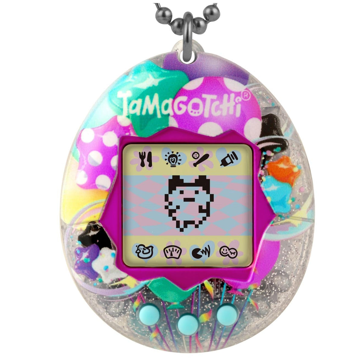 Tamagotchi Original Pretty Party on a bag for portable play.