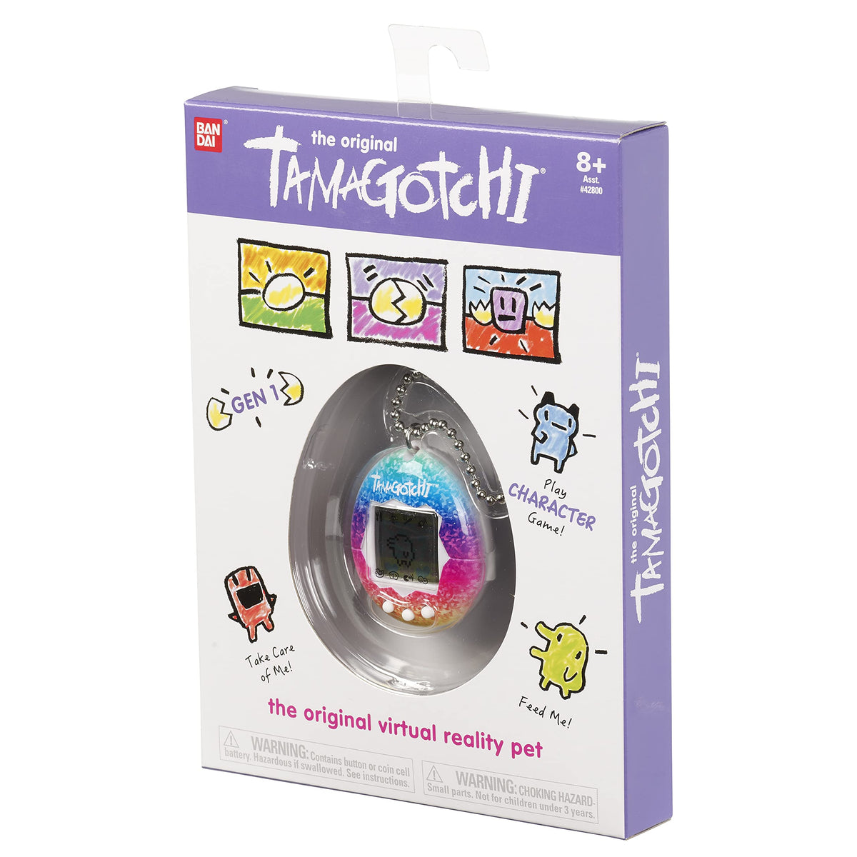 Tamagotchi Original Rainbow bag clip attachment for easy on-the-go use.