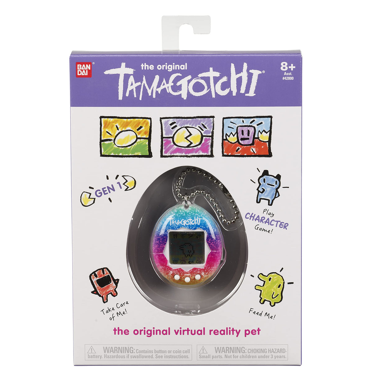 Tamagotchi Original Rainbow pet in hand showcases portable entertainment.