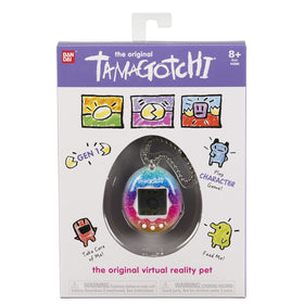 Tamagotchi Original Rainbow pet in hand showcases portable entertainment.