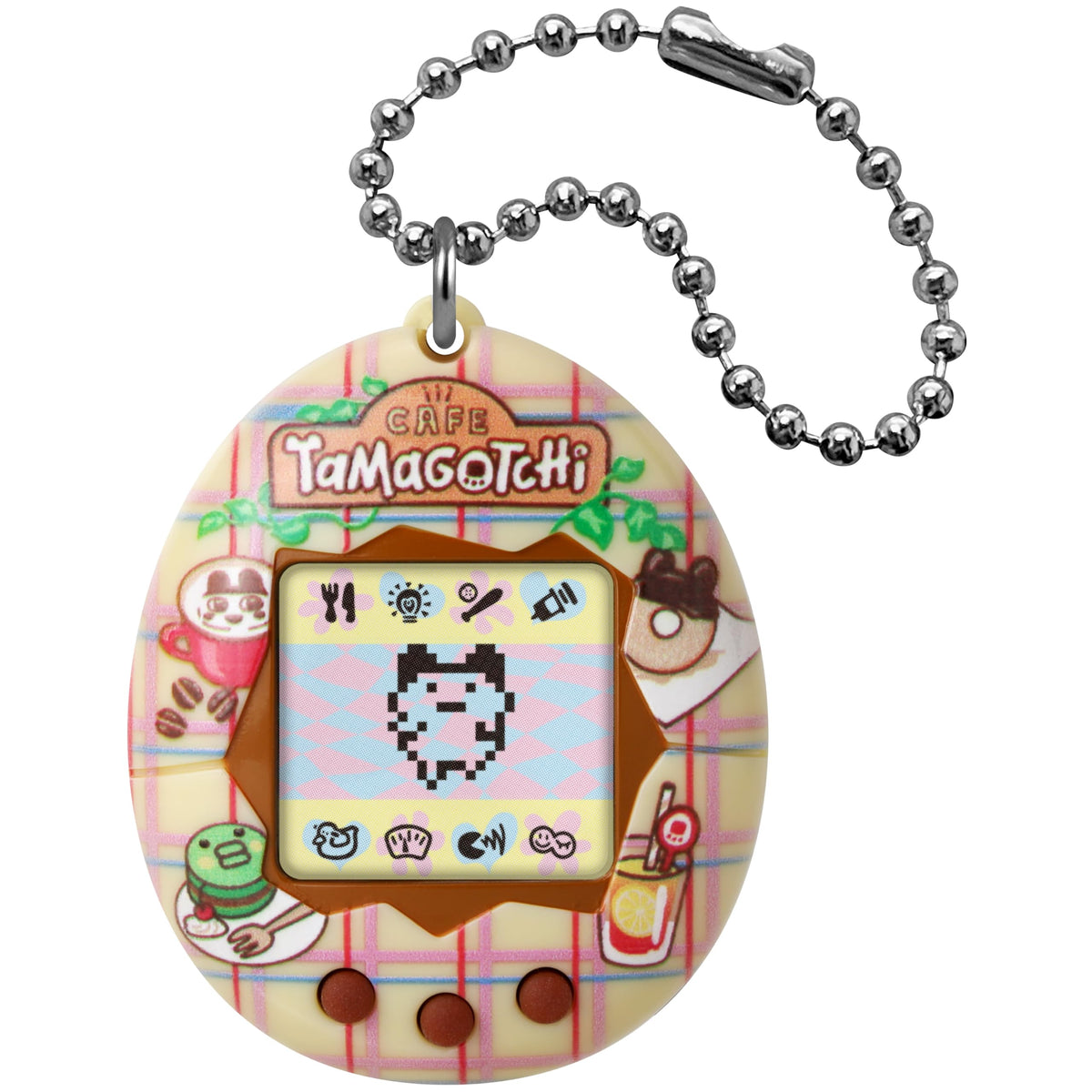 Tamagotchi Original Tama Cafe device on chain for portable digital pet fun.