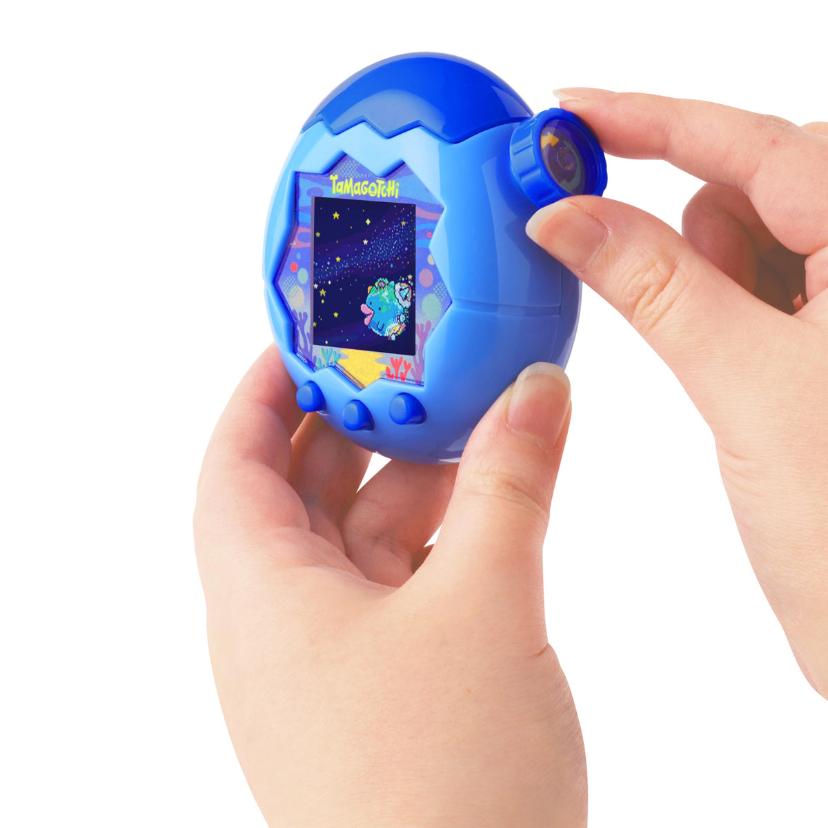 Tamagotchi Paradise Blue Water care actions highlight feeding and cleaning for daily routines