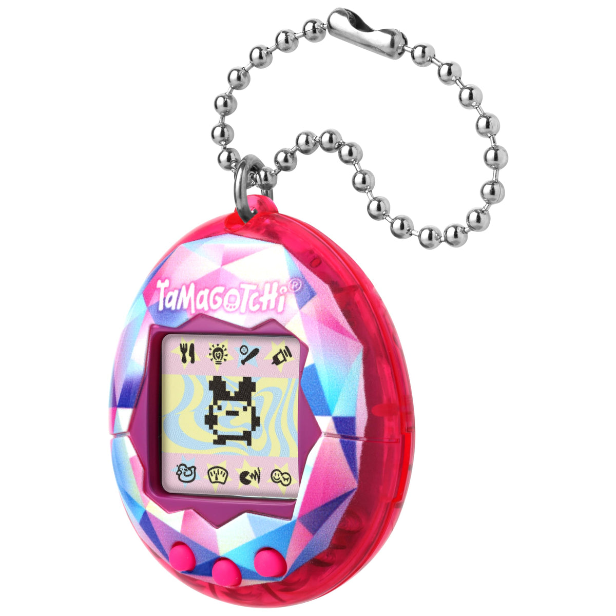 Tamagotchi Pink Treasure Jewel screen view for care, feeding, and fun.