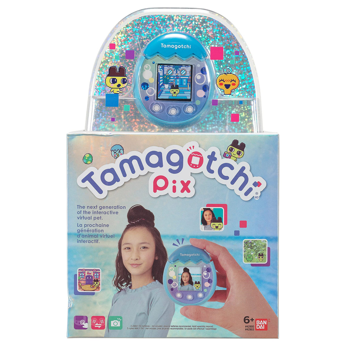 Tamagotchi Pix Ocean Blue handheld display shows vivid colors.