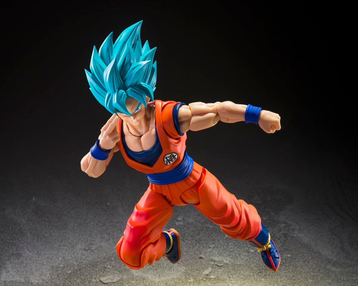 Tamashii Nations Dragon Ball Super blue Goku pose-ready figure for photography.