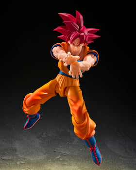 Tamashii Nations Dragon Ball Super Goku God Aura with interchangeable head parts for varied expressions.