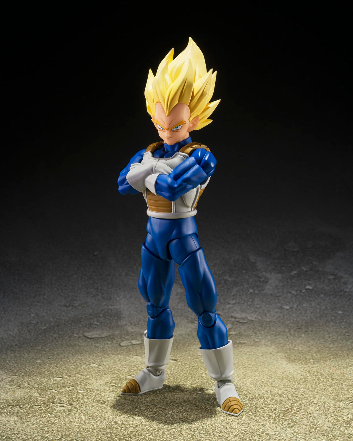 TAMASHII NATIONS Vegeta shows dynamic-movable shoulder system for flexible posing.