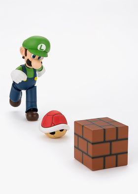 Tamashii Nations Luigi S.H.Figuarts dedicated stand supports stable posing.