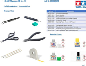 Assembly process teaser image from the TAMIYA Jeep Willys kit for hobbyists.