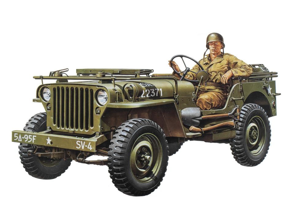 TAMIYA Jeep Willys 1/35-scale box art, ideal for collectors and history buffs.