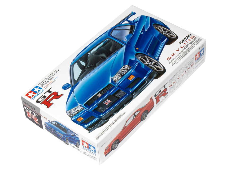 Tamiya Nissan Skyline GT-R V-Spec R34 box highlighting the complete 1:24 kit for hobbyists.