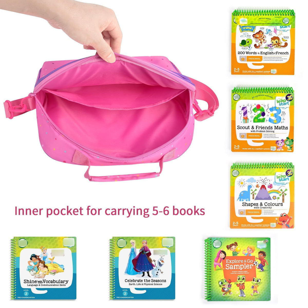 Tanmqin pink-pattern bag design makes early literacy gear inviting for children.