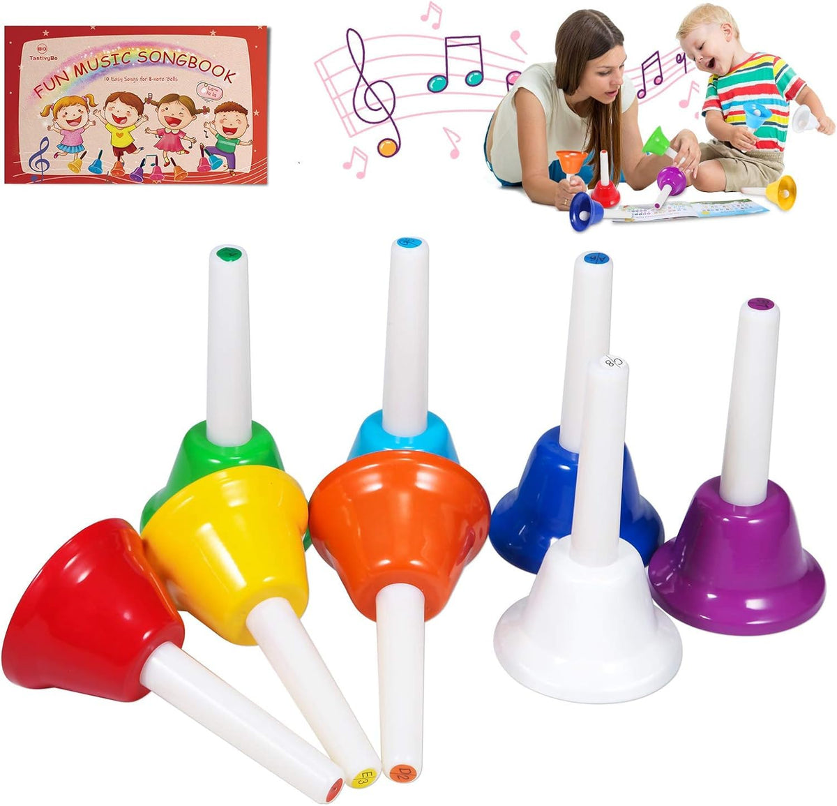 TantivyBo 8-note rainbow hand bells with songbook for kids' musical exploration.