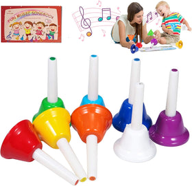 TantivyBo 8-note rainbow hand bells with songbook for kids' musical exploration.
