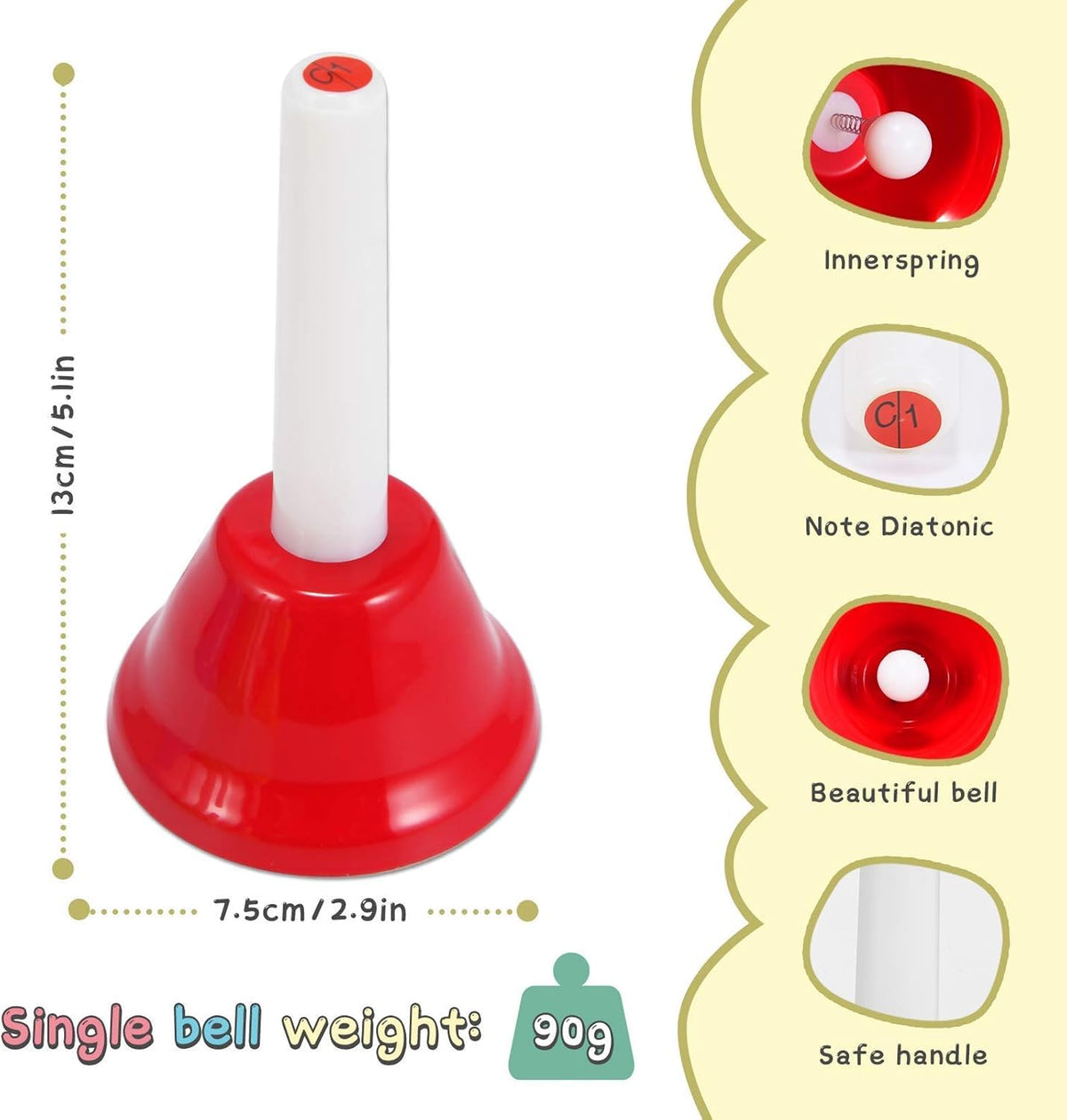 Top view showing note labels on TantivyBo bells to help kids learn notes.