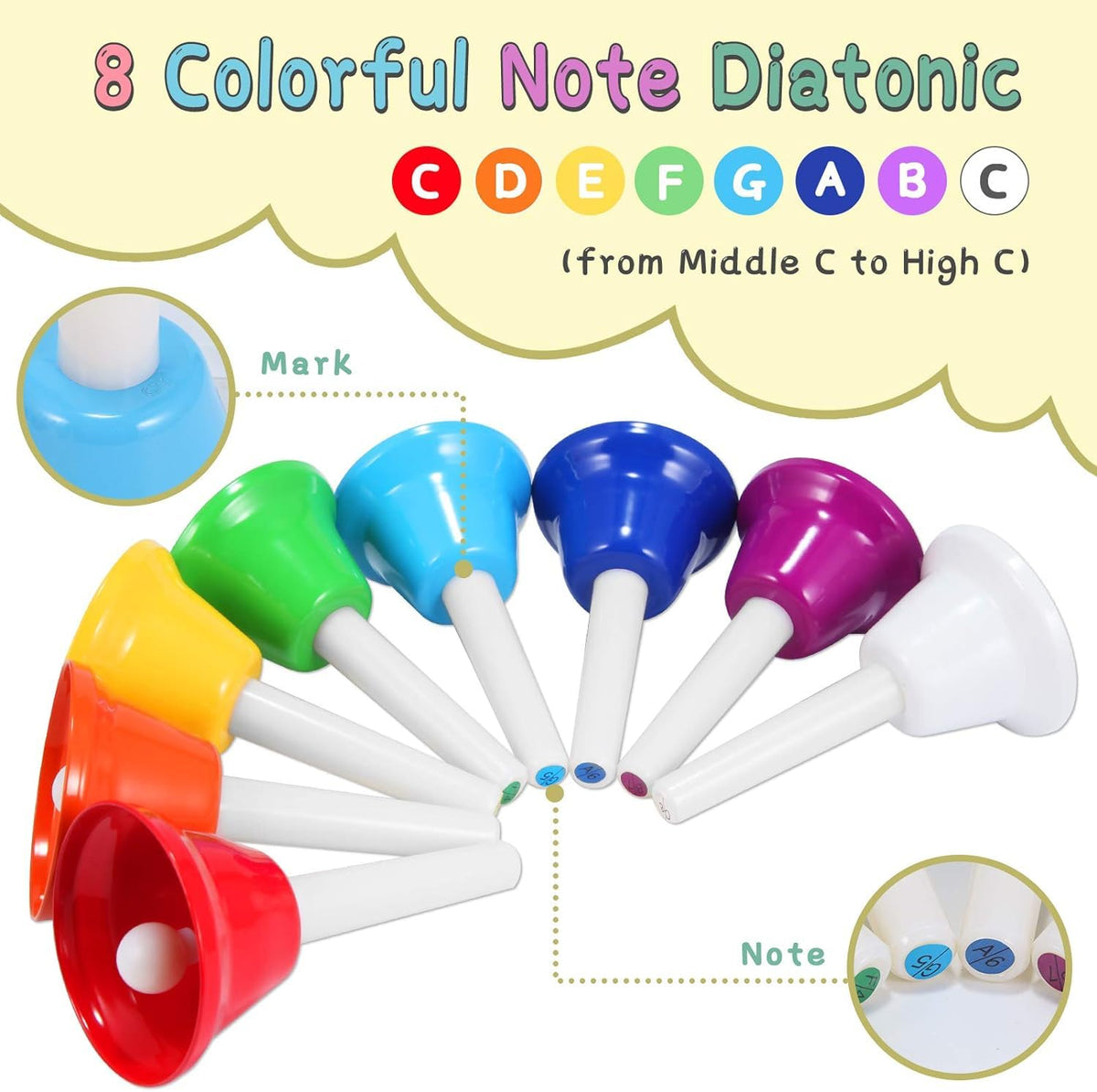 Rainbow colors of TantivyBo hand bells arranged for playtime and learning.