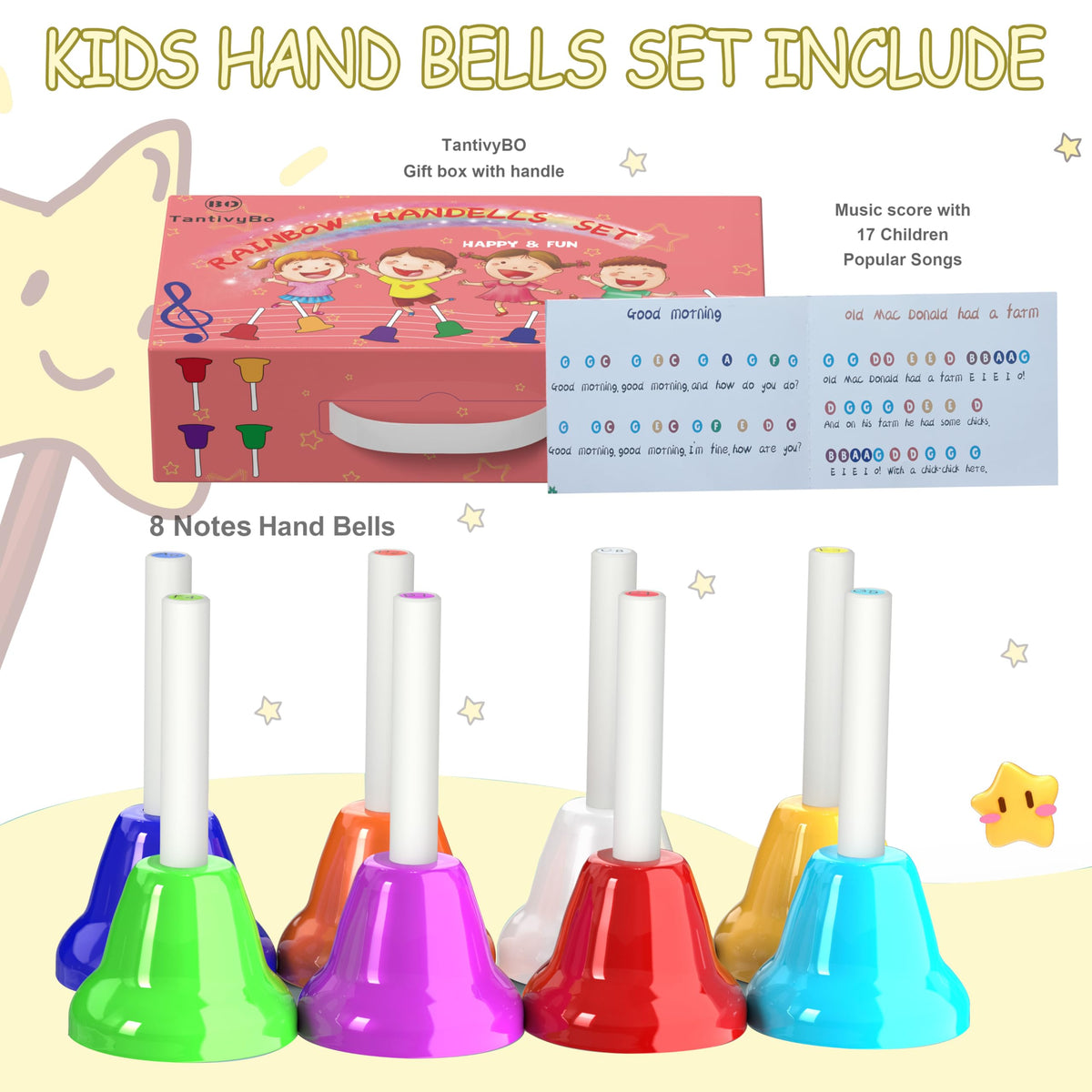 TantivyBo hand bells shown with the included 17-song songbook for beginners.