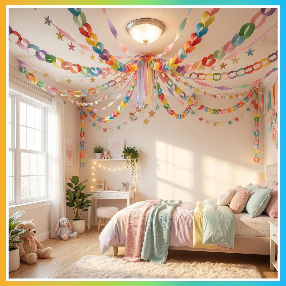 Taobary photo backdrop idea using rainbow paper chain garland.