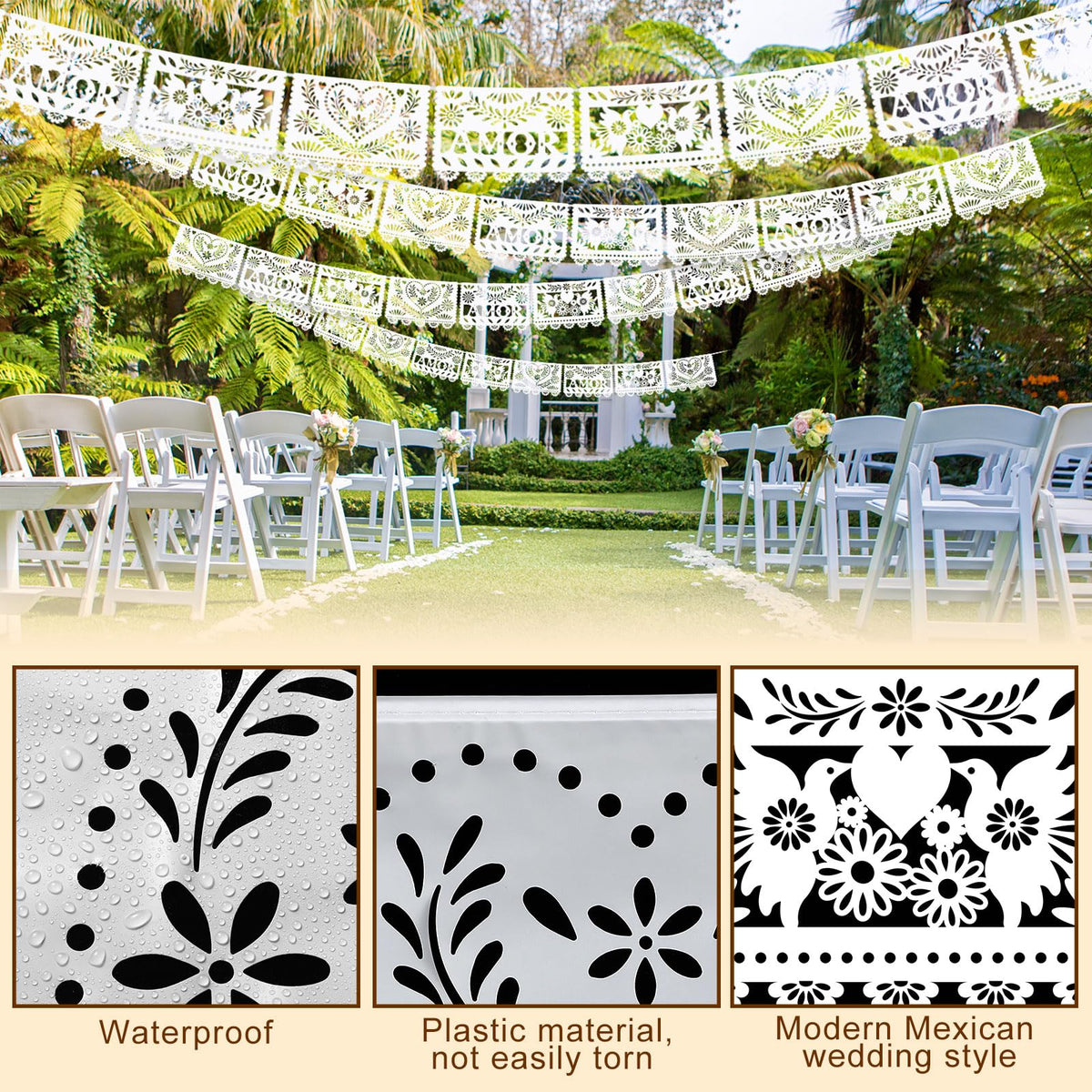 TaoBary white papel picado banner with heart cutouts highlights romantic accents.
