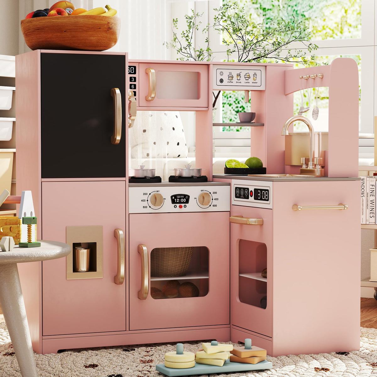 TaoHFE pink corner play kitchen with lights enhances imaginative play