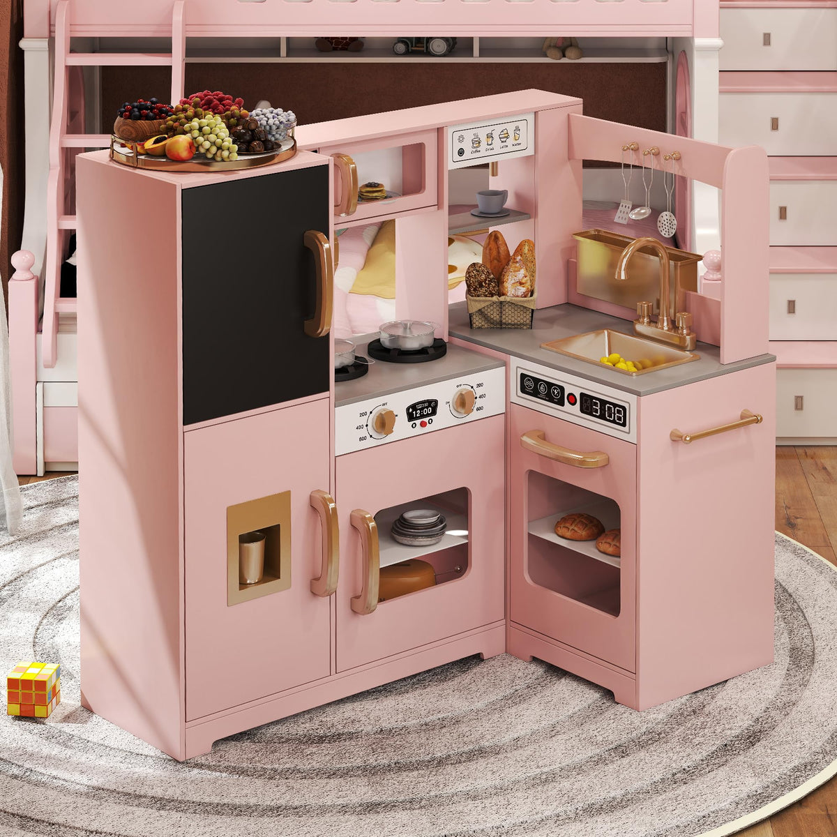 TaoHFE pink corner play kitchen storage compartments keep play area tidy