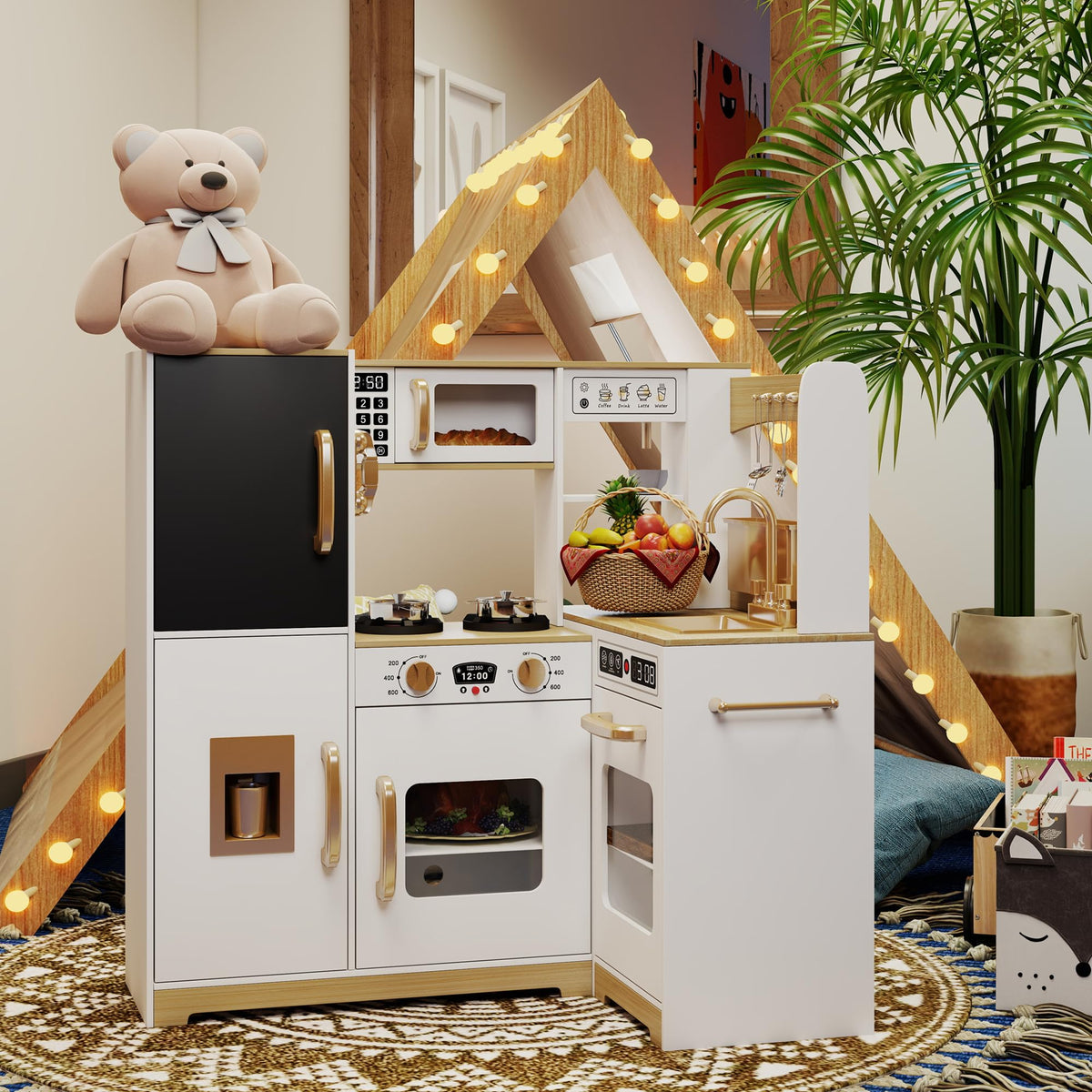 TaoHFE white corner play kitchen with lights — promotes imaginative cooking play.