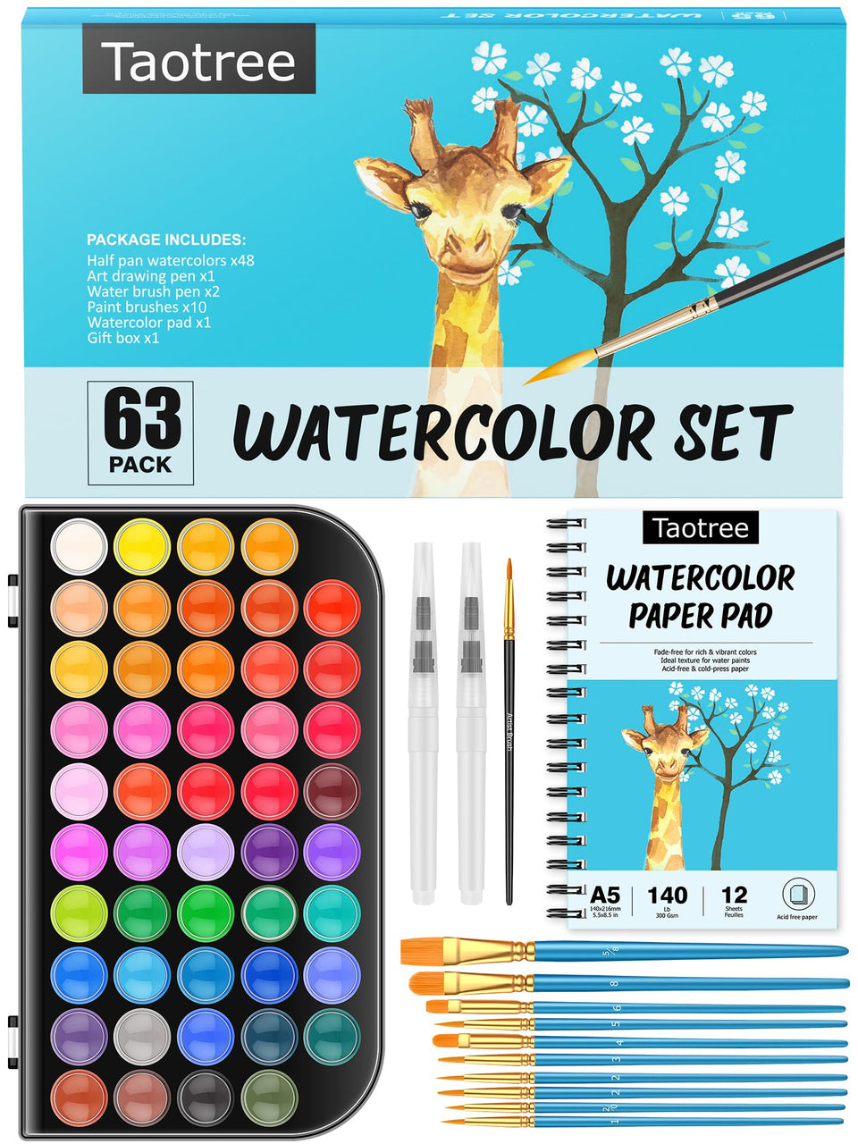 Taotree 48-color watercolor paints set for bold, blendable color applications.