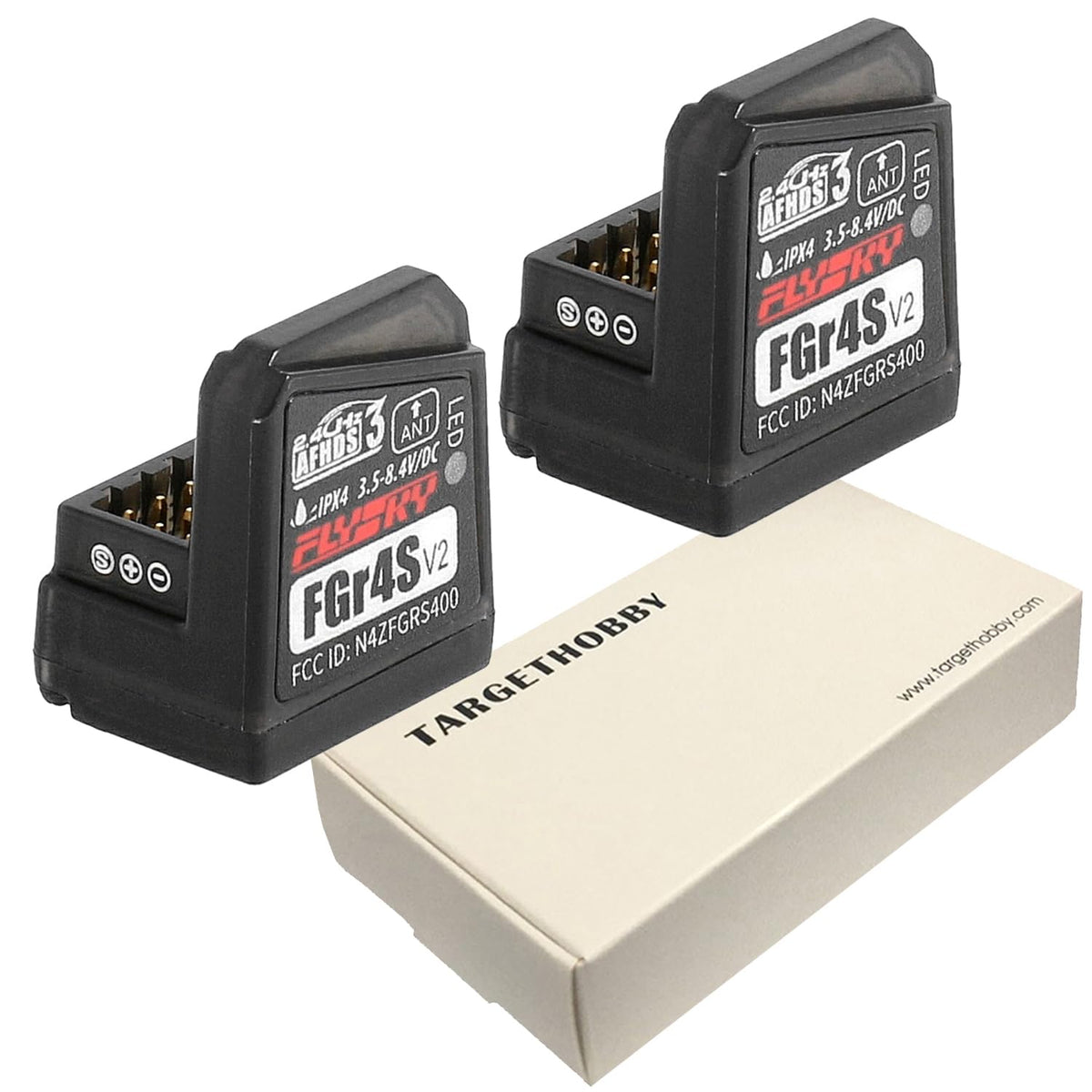 Targethobby FGr4s V2 receiver in compact design for easy installation.