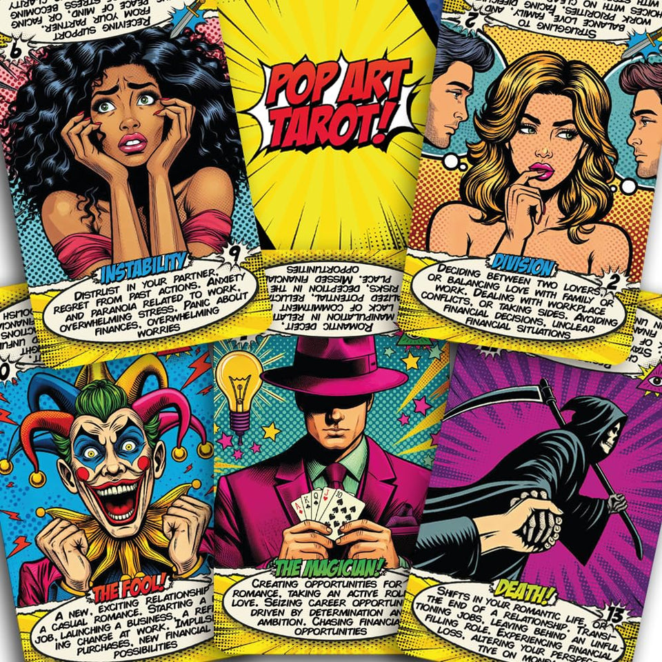 Tarotika Pop Art Deck with 78 vibrant cards for modern readings and easy shuffling.