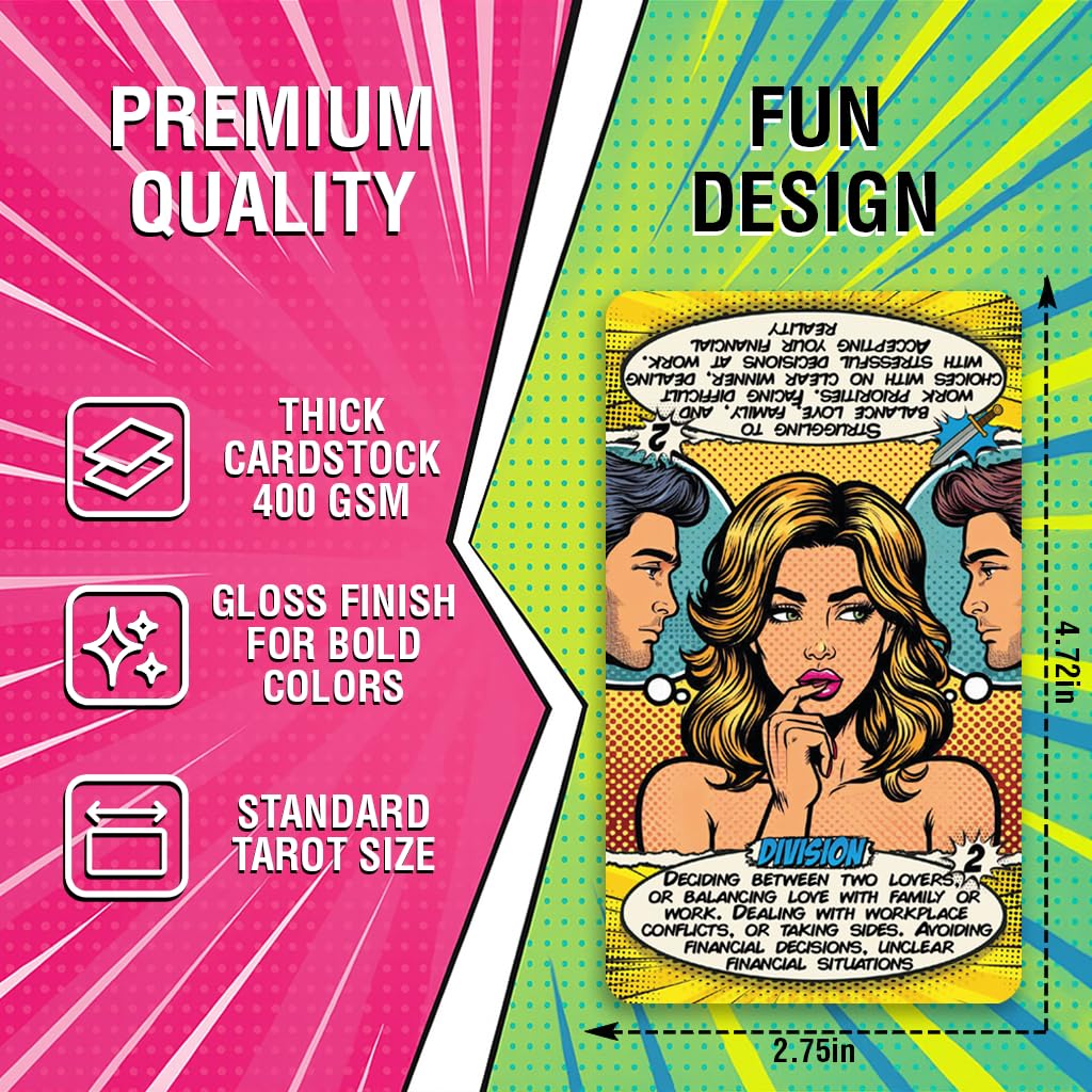 Tarotika Pop Art Deck uses 400 GSM cardstock for durability and a smooth shuffle.