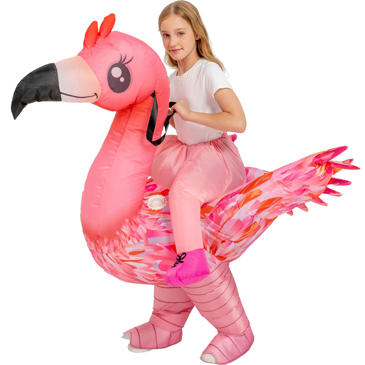 tasanor inflatable flamingo costume worn by a child, comfortable fit for play.