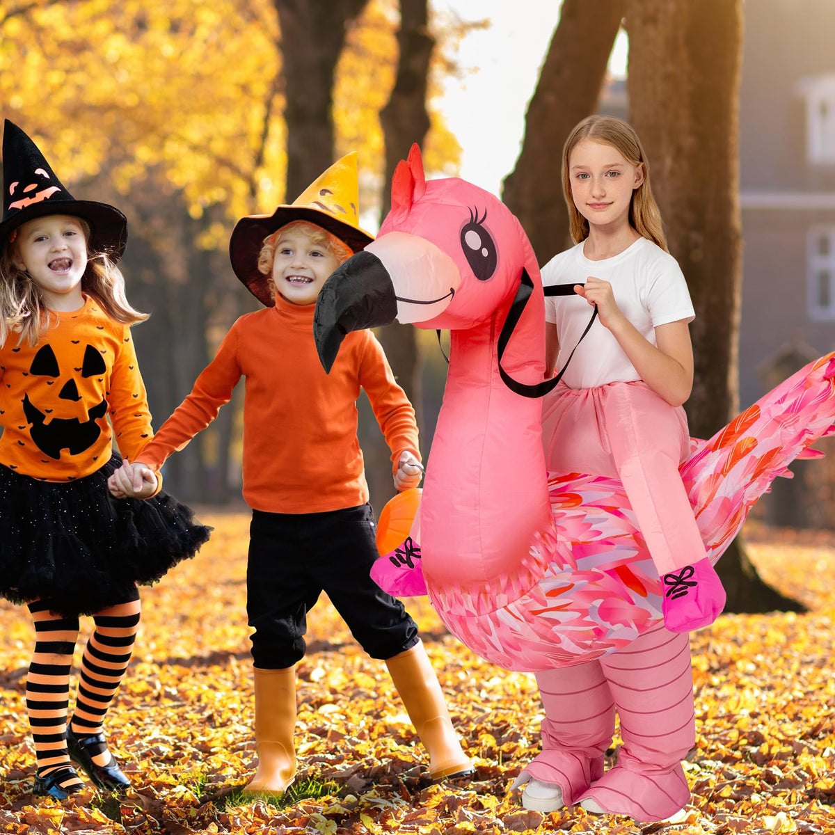tasanor inflatable flamingo costume wearer side view shows comfortable kid fit for 7-10 years