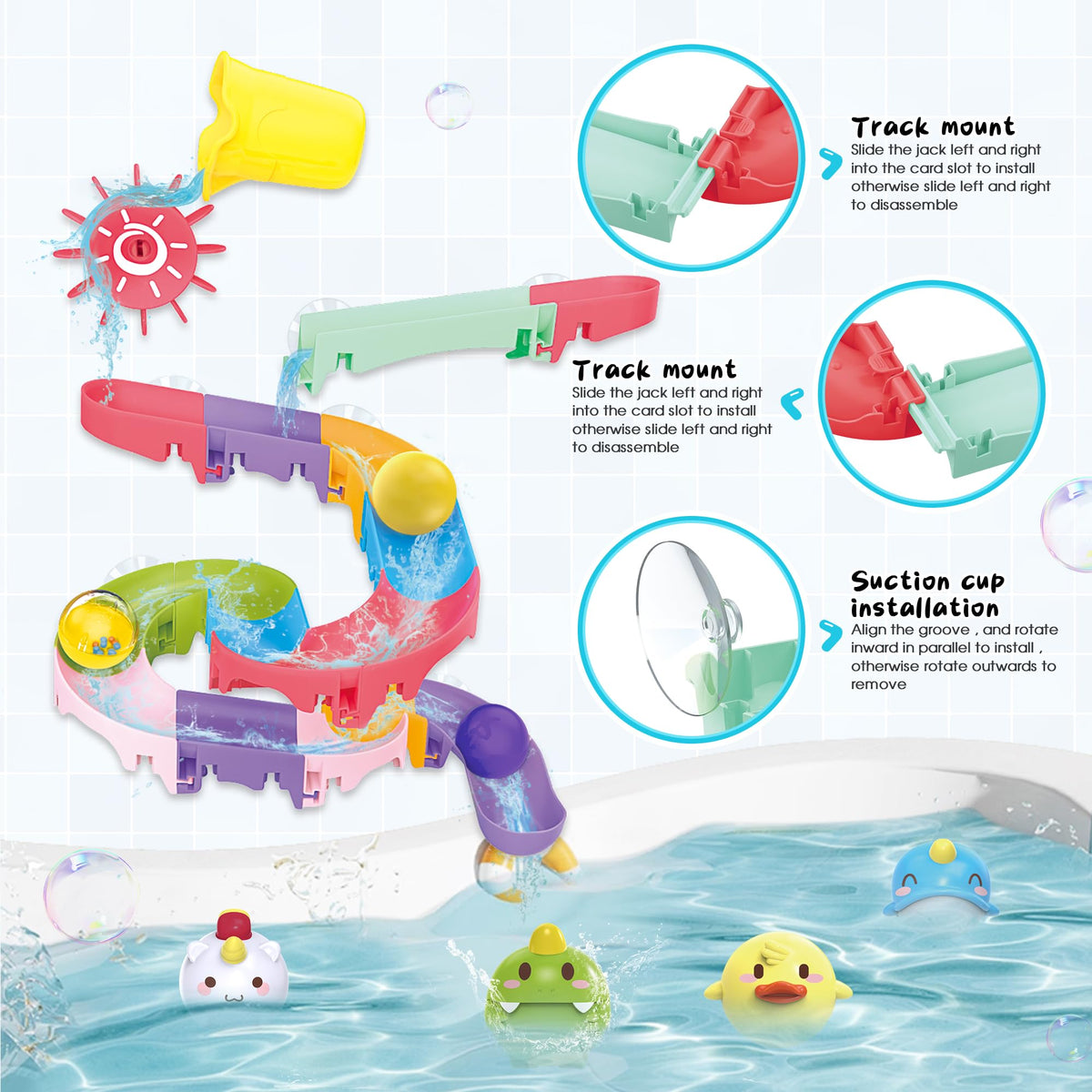 taseyok swivel wheel adds motion to the track for dynamic bath adventures
