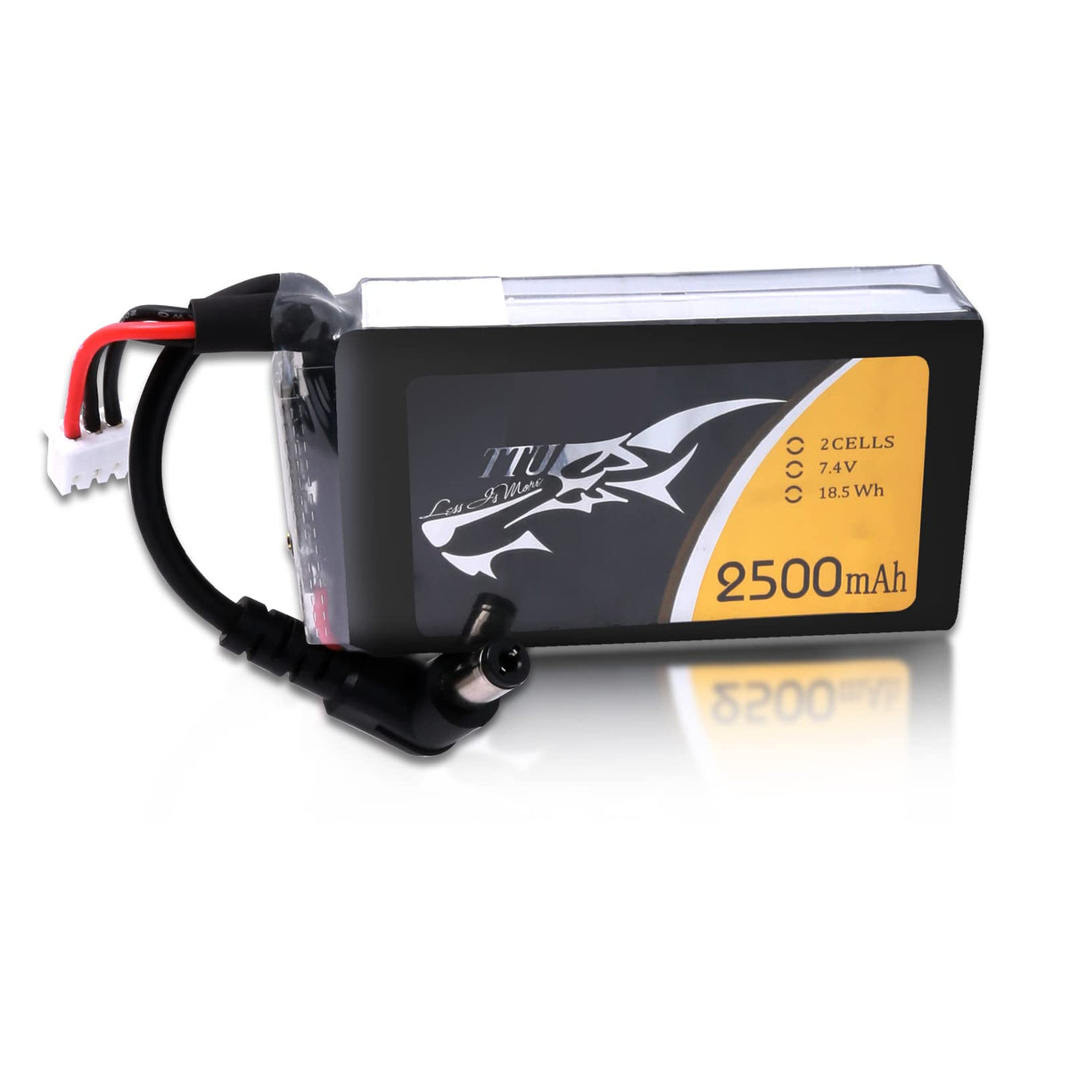 TATTU 2500mAh 2S battery front view, compact power for Fat Shark goggles.