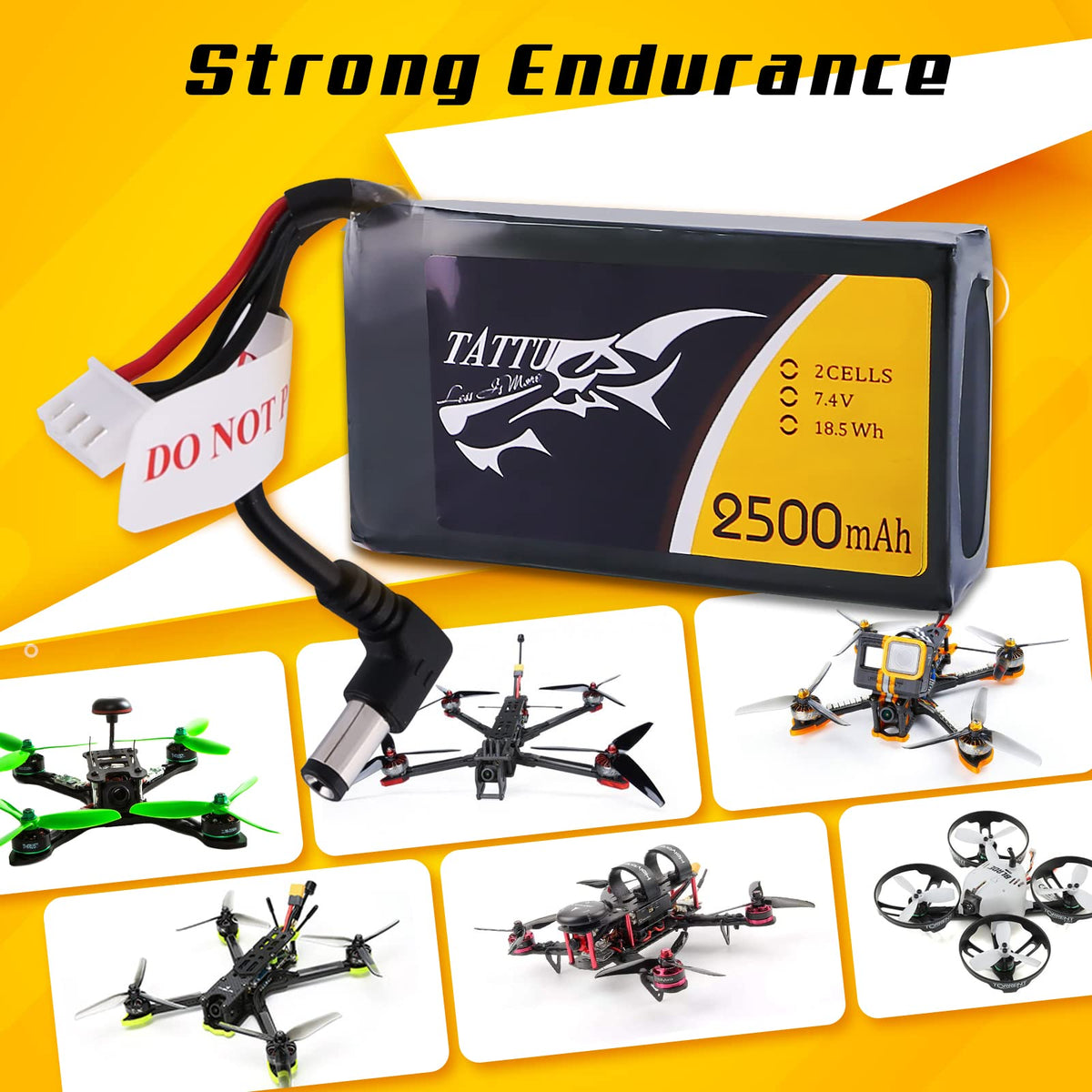 TATTU 2500mAh 2S battery with LED indicator for quick status checks.