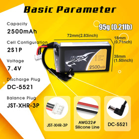 TATTU 2500mAh 2S battery top view showing slim profile for tight goggle compartments.