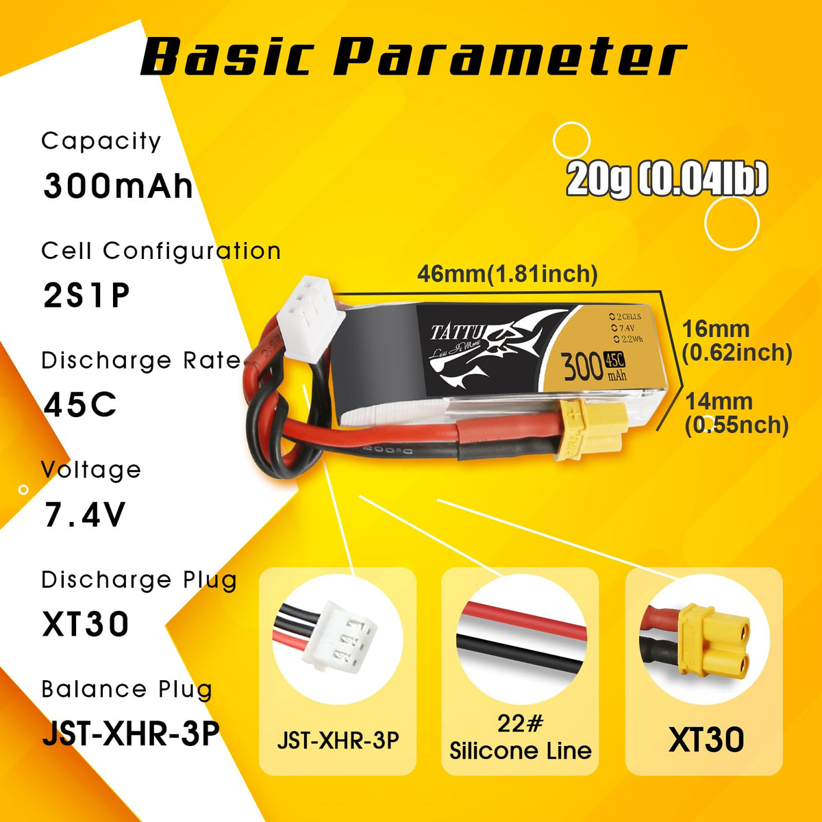 TATTU 2S 300mAh LiPo close-up with dimensions 46x16x14mm