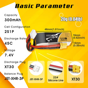 TATTU 2S 300mAh LiPo close-up with dimensions 46x16x14mm