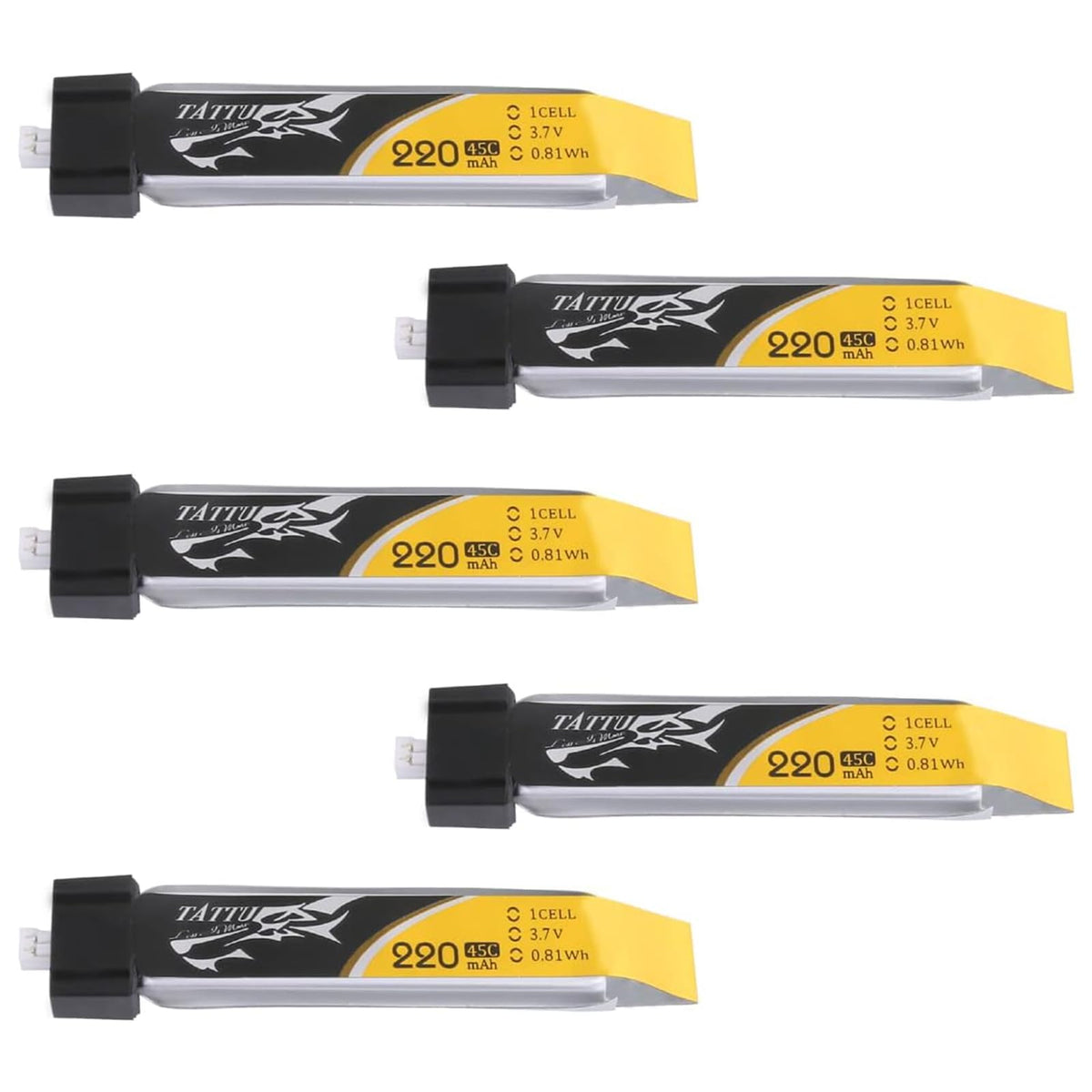 TATTU five-pack 3.7V 220mAh LiPo for Tiny Whoop with 45C discharge.