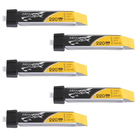 TATTU five-pack 3.7V 220mAh LiPo for Tiny Whoop with 45C discharge.