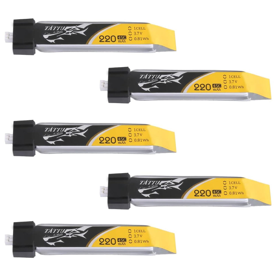 TATTU five-pack 3.7V 220mAh LiPo for Tiny Whoop with 45C discharge.