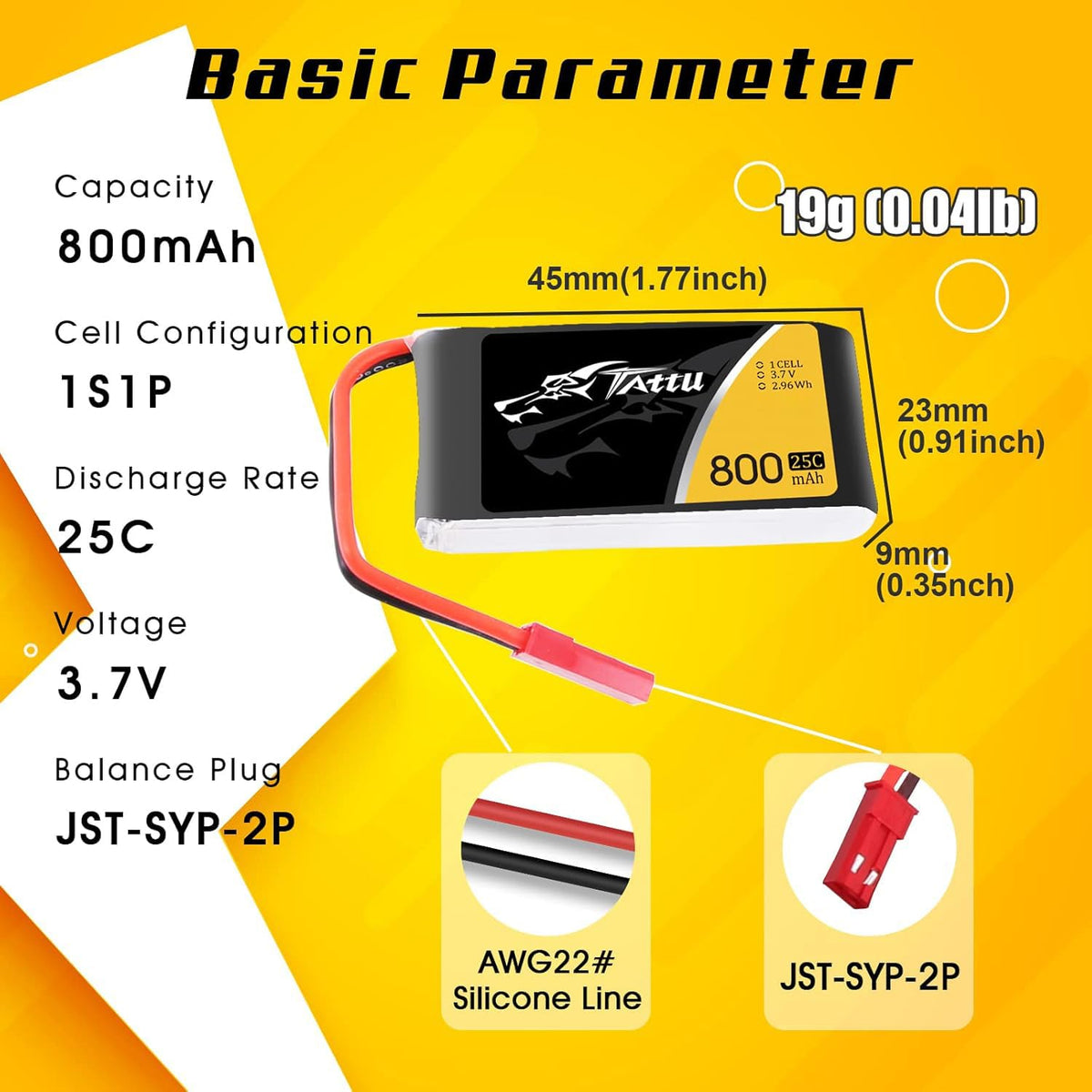 TATTU 800mAh 1S LiPo battery with JST plug for quick swaps.