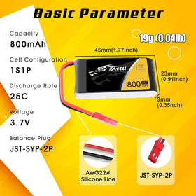 TATTU 800mAh 1S LiPo battery with JST plug for quick swaps.