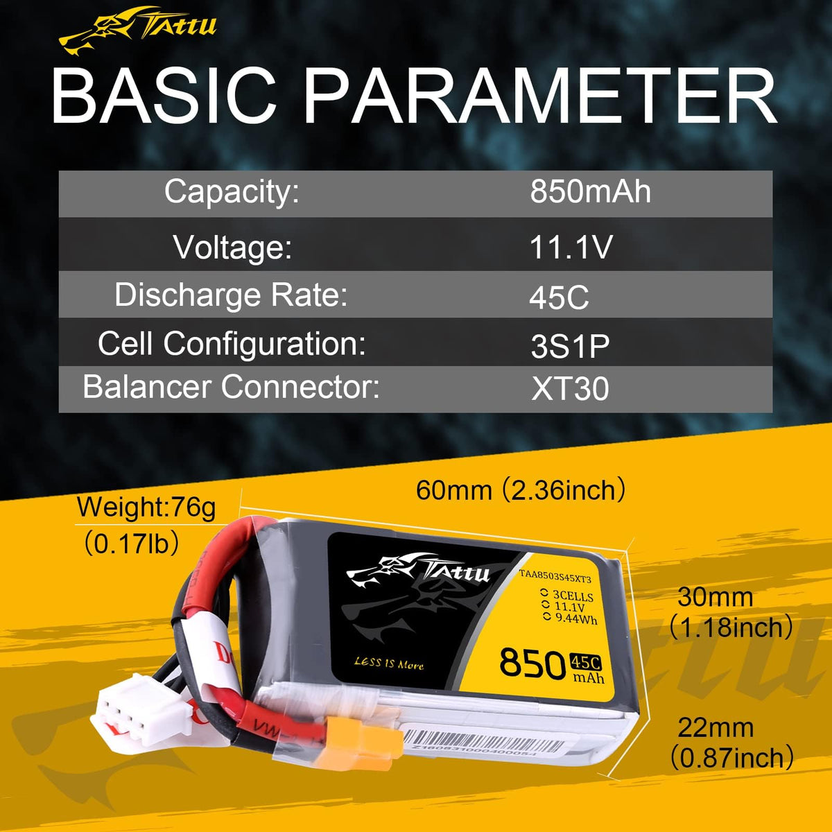 TATTU 850mAh battery with compact dimensions and light weight for easy mounting.