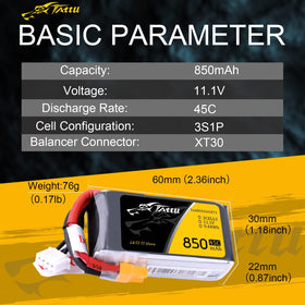 TATTU 850mAh battery with compact dimensions and light weight for easy mounting.