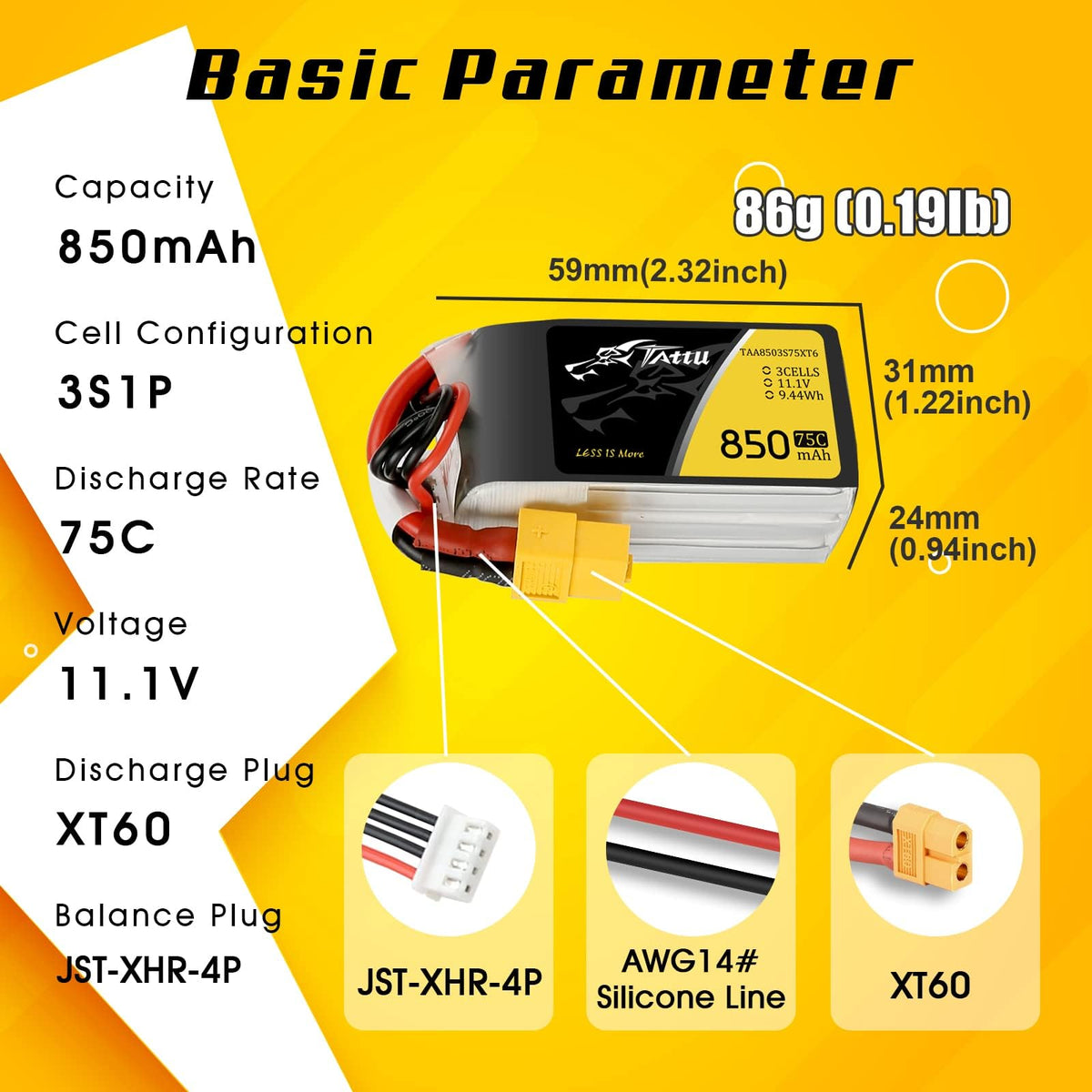 TATTU 850mAh 11.1V 3S battery side angle showing XT60 connector